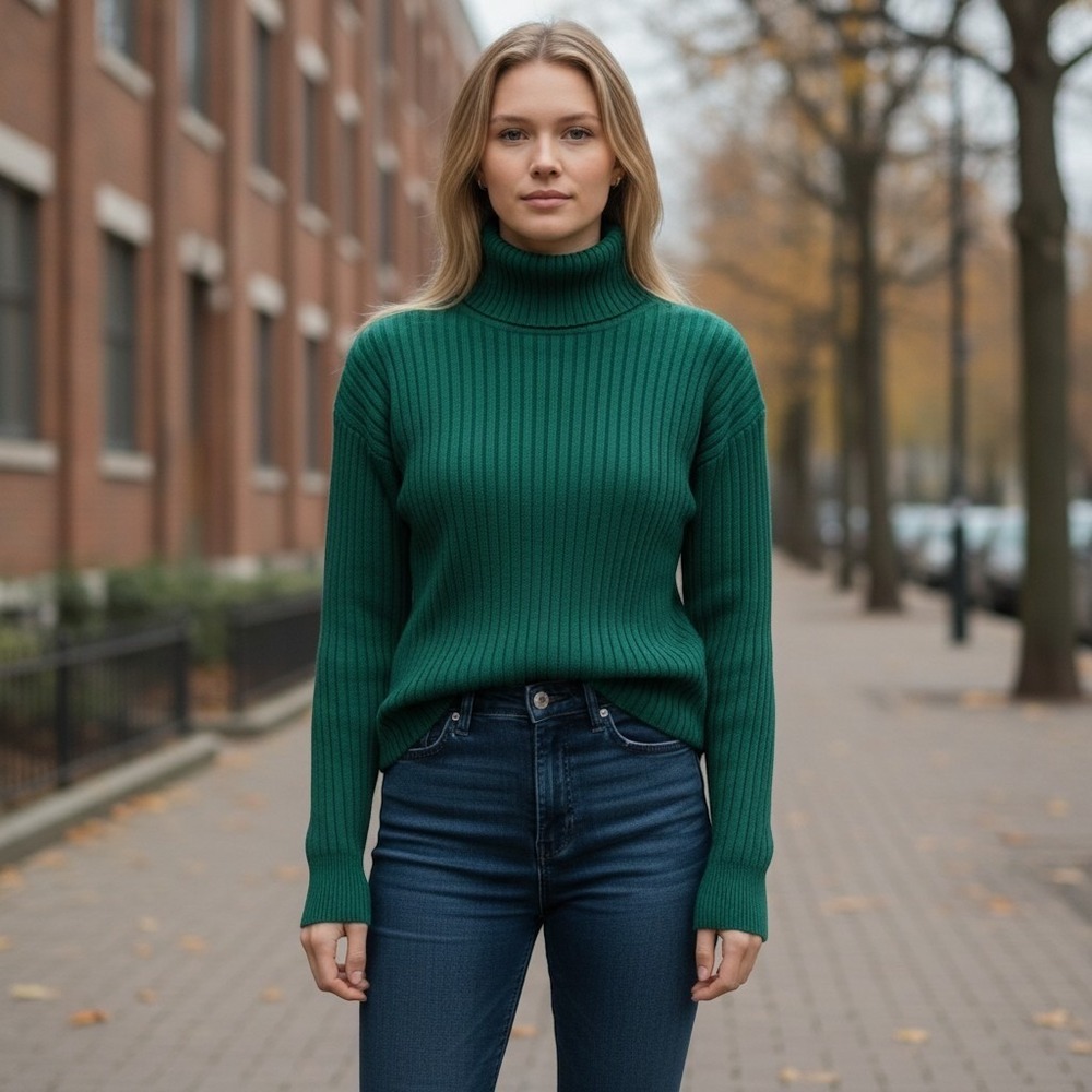 Kim Rogers Ribbed Turtleneck Pullover Sweater Green 100% Cotton Women Sz L